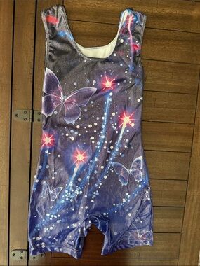 Butterfly Galaxy Print Gymnastics Leotard - Purple with Pink Stars